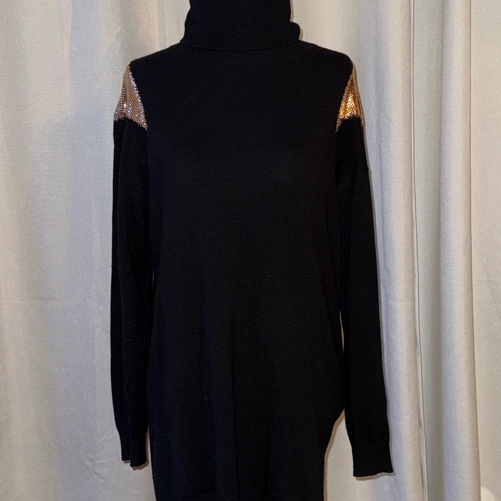 Pinko Black Turtleneck Sweater with Gold Shoulder Embellishments